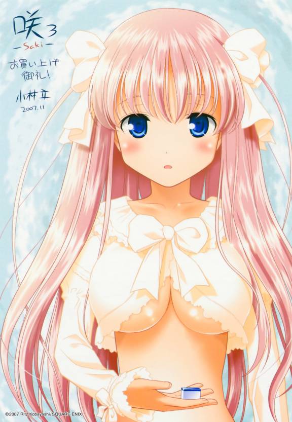 kobayashi ritz, haramura nodoka, saki (manga), 00s, 1girl, 2007, blue eyes, blush, board game, breasts, cleavage, copyright notice, dated, female focus, holding, holding mahjong tile, large breasts, long hair, mahjong, mahjong tile, midriff, pink hair, solo, underboob