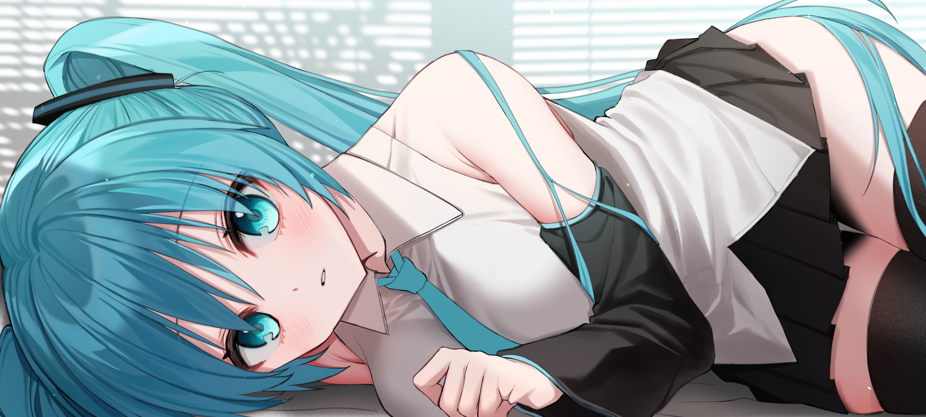 s11nq, hatsune miku, vocaloid, absurdres, highres, 1girl, aqua eyes, aqua hair, aqua necktie, aqua trim, armpit crease, black skirt, blush, collarbone, collared shirt, detached sleeves, hair between eyes, hair ornament, long hair, long sleeves, looking at viewer, lying, miniskirt, necktie, on side, parted lips, shirt, skirt, sleeveless, sleeveless shirt, solo, twintails, very long hair, white shirt, wide sleeves