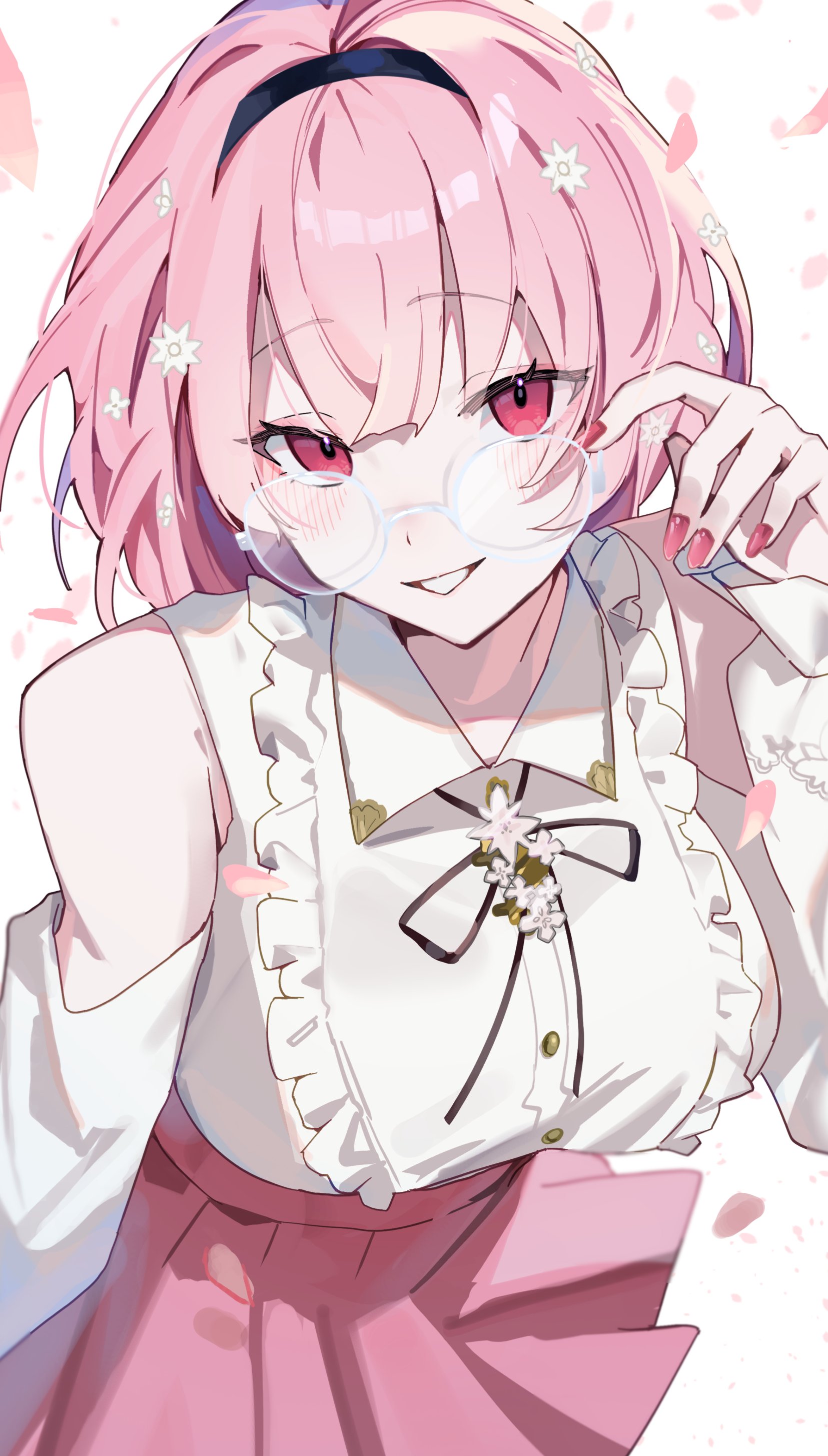 bun (bun 5u), mori calliope, hololive, hololive english, absurdres, commentary, highres, 1girl, adjusting eyewear, bare shoulders, blush, breasts, cherry blossoms, crossed bangs, detached sleeves, dot nose, flower, frilled shirt, frills, gold trim, hair flower, hair ornament, hairband, large breasts, looking at viewer, nail polish, open mouth, red eyes, red nails, red skirt, round eyewear, shirt, short hair, simple background, skirt, smile, solo, teeth, triangle mouth, white background