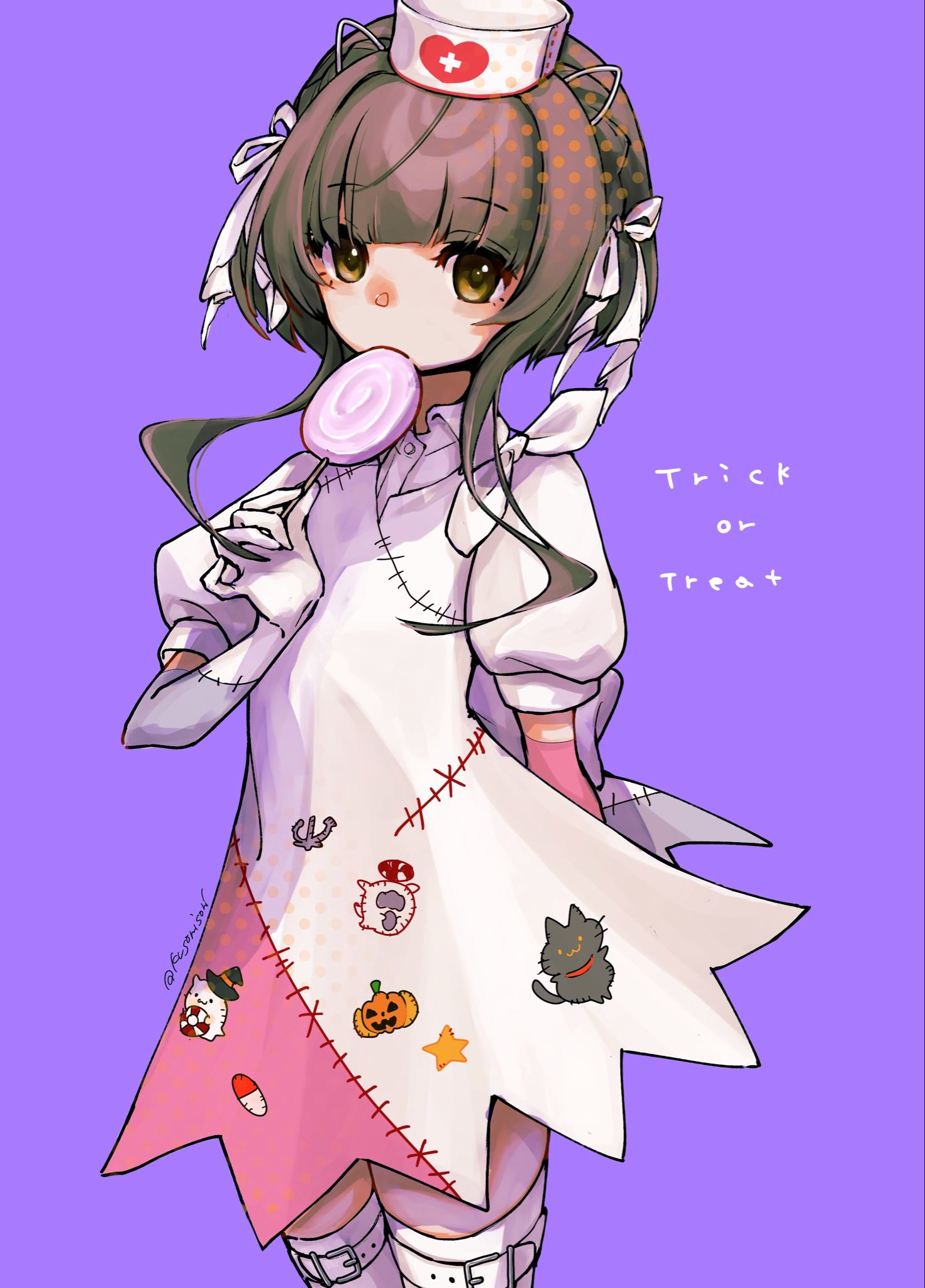 kusomisoni, ukuru (halloween) (kancolle), ukuru (kancolle), kantai collection, commentary request, highres, 1girl, arm behind back, blush, brown eyes, brown hair, candy, dress, food, hair ribbon, halloween, halloween costume, hat, holding, holding candy, holding food, holding lollipop, lollipop, looking at viewer, nurse cap, patchwork clothes, patchwork skin, purple background, ribbon, short hair with long locks, short sleeves, simple background, solo, swirl lollipop, trick or treat, white dress, white hat, white ribbon