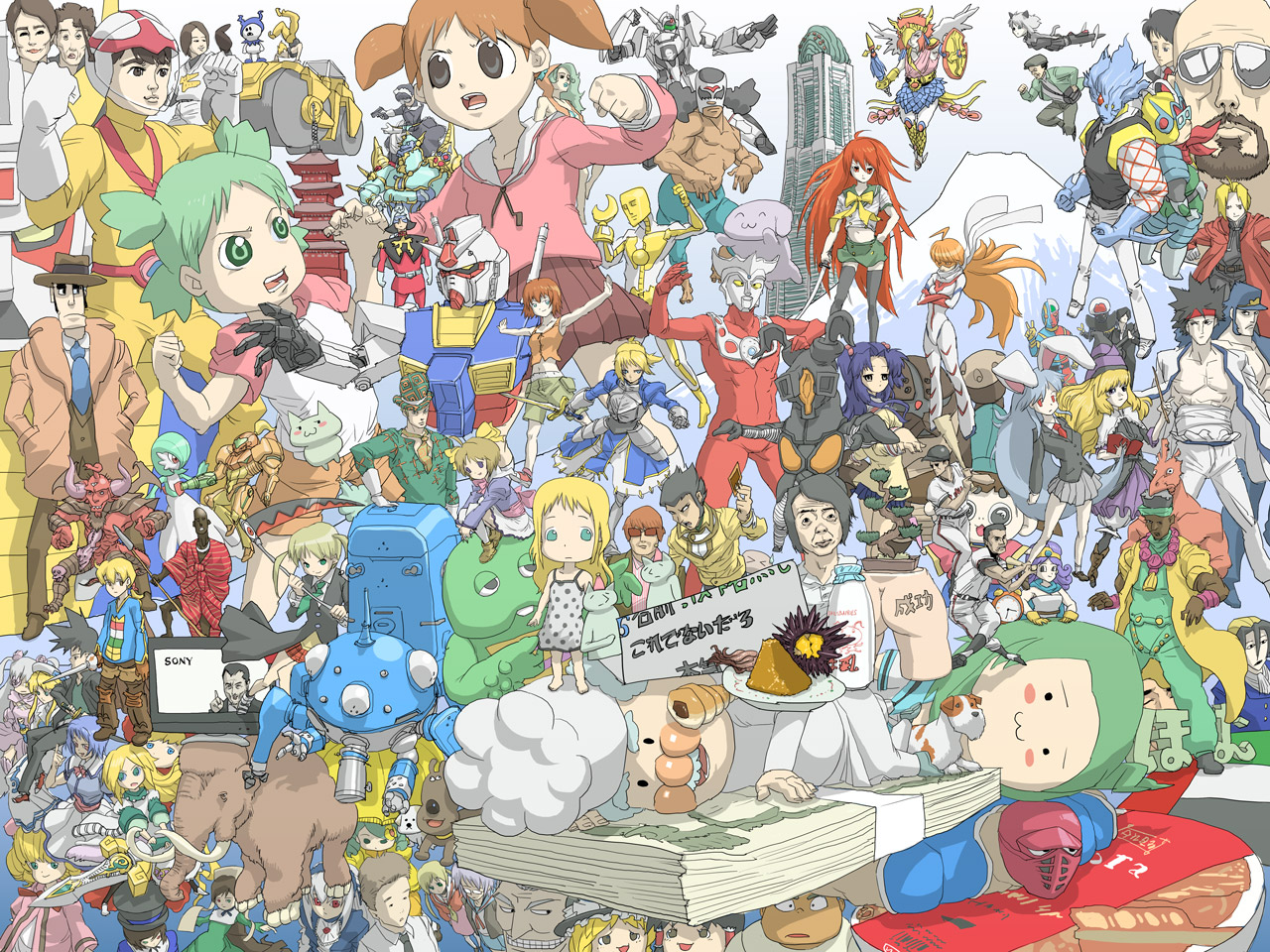 daromeon, acguy, ana coppola, artoria pendragon (fate), baoh, barasuishou, char aznable, chargeman ken (character), churuya, dio brando, edward elric, gachapin, gardevoir, hakaider, hinaichigo, ichinose kotomi, izumi ken, jack frost (megami tensei), kanaria, kikaider, kira yoshikage, koiwai yotsuba, kuujou joutarou, magician red, maka albarn, mihama chiyo, mohammed avdol, nagato yuki, nono (top wo nerae 2!), nougami neuro, ramza beoulve, reisen udongein inaba, saber (fate), sagara sanosuke, samus aran, sanya v. litvyak, sanzen'in nagi, shana, souseiseki, suigintou, suiseiseki, tachikoma, ultraman, ultraman leo, zenigata kouichi, zetton, anpanman, azumanga daiou, baoh raihousha, bravoman, bravoman (series), chargeman ken!, clannad, doraemon, dragon quest, fate/stay night, fate (series), final fantasy, final fantasy tactics, fullmetal alchemist, ghost in the shell, grimgrimoire, gundam, ichigo mashimaro, jojo no kimyou na bouken, lupin iii, macross, majin tantei nougami neuro, metroid, namco, nintendo, pokemon, rozen maiden, rurouni kenshin, soul eater, strike witches, suzumiya haruhi no yuuutsu, top wo nerae! (series), top wo nerae 2!, touhou, world witches series, yotsubato!, character request, 00s, 6+boys, 6+girls, absolutely everyone, ass, bare shoulders, baseball, black hair, blonde hair, bonsai, brown hair, child, chocolate cornet, crossover, cup ramen, dark-skinned male, dark skin, deadman, dog, elephant, everyone, food, gen 3 pokemon, green hair, long hair, mammoth, mastodon, midriff, money, mount fuji, multiple boys, multiple girls, nogami neuro, orange hair, pagoda, pokemon (creature), power suit (metroid), purple hair, red hair, roadroller, short hair, skirt, stand (jojo), steamroller, television, twintails, varia suit, white hair, yukkuri shiteitte ne