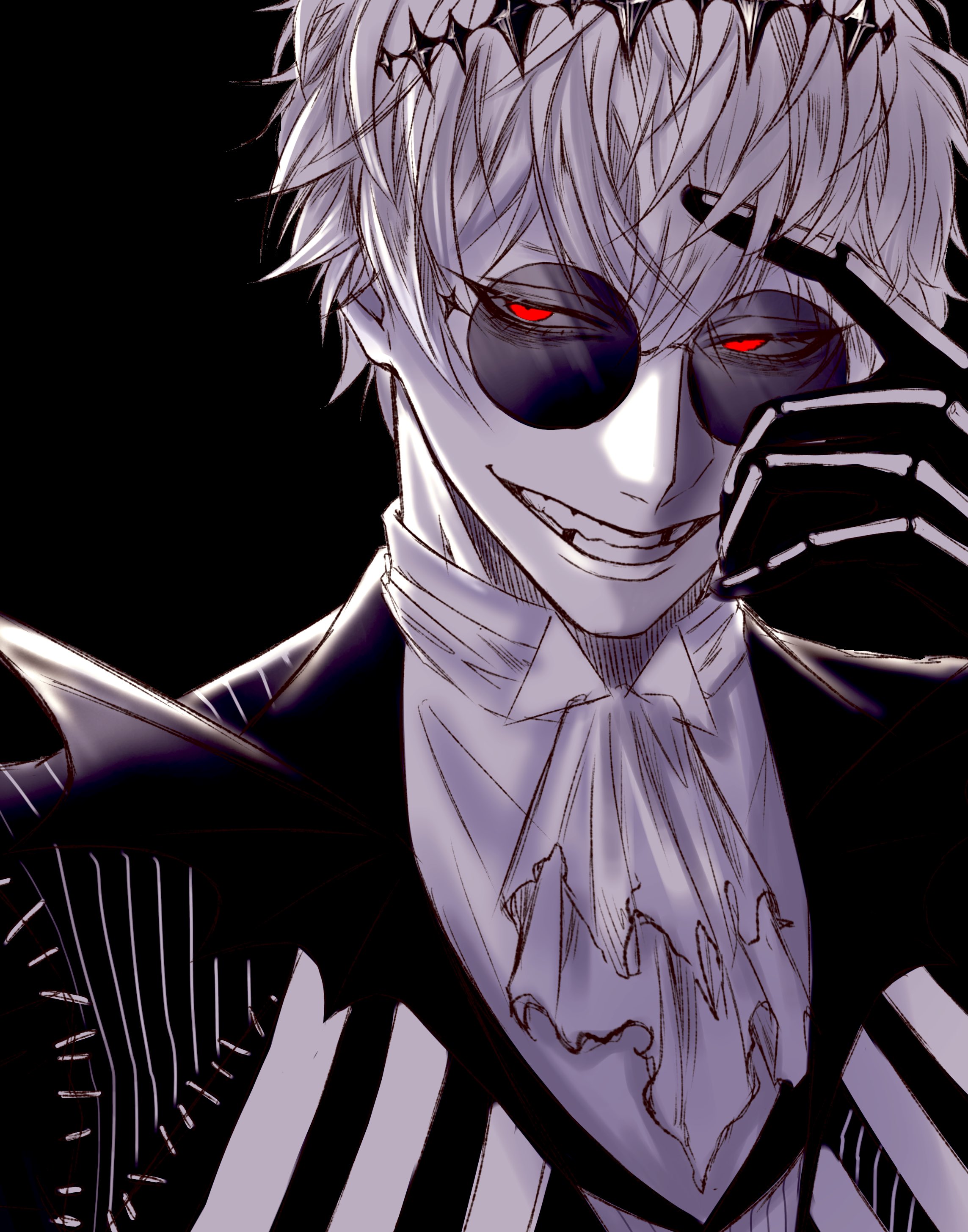 skully j. graves, twisted wonderland, absurdres, highres, 1boy, ascot, black crown, black gloves, crown, diamond hairband, formal clothes, gloves, jacket, long sleeves, looking at viewer, male focus, missing tooth, pinstripe jacket, pinstripe pattern, pinstripe suit, pinstripe vest, round eyewear, shigu 1246, short hair, skeleton, skeleton print, smile, solo, stitches, striped clothes, striped jacket, striped vest, suit, sunglasses, vertical-striped clothes, vertical-striped jacket, vertical-striped vest, vest, white hair