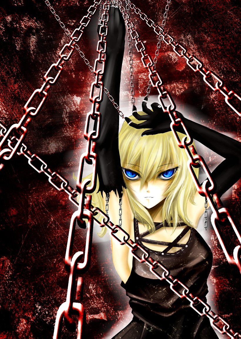 blackwing phoenix, alice margatroid, touhou, bad id, bad pixiv id, 1girl, armpits, blonde hair, blue eyes, chain, female focus, solo, upper body