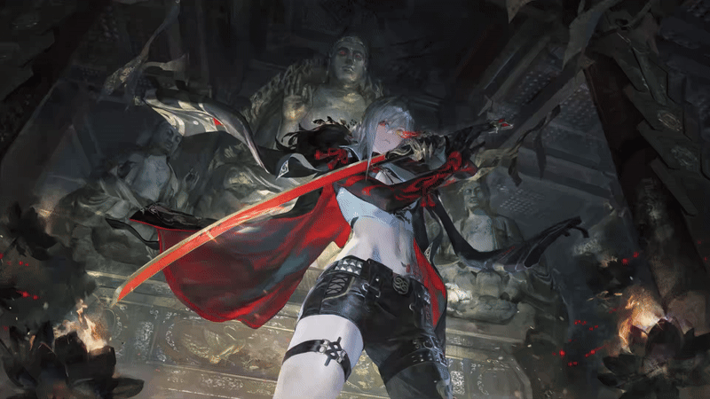alpha: crimson weave (pgr), alpha (pgr), punishing: gray raven, animated, animated gif, source request, tagme, 1girl, belt, katana, looking at viewer, looking down, sword, tattoo, weapon