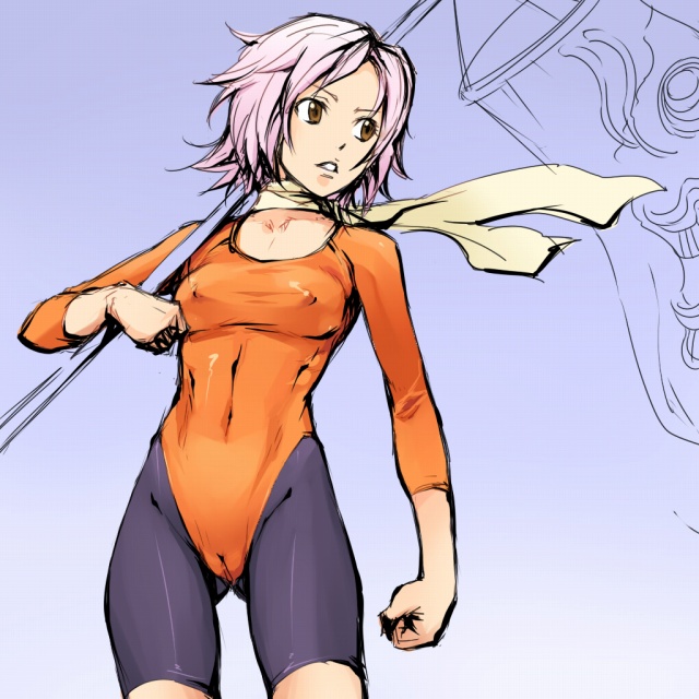 mosha, noyamano mikan, air gear, 00s, 1girl, breasts, cameltoe, clenched hand, covered erect nipples, female focus, leotard, pink hair, ribs, scarf, sketch, small breasts, solo