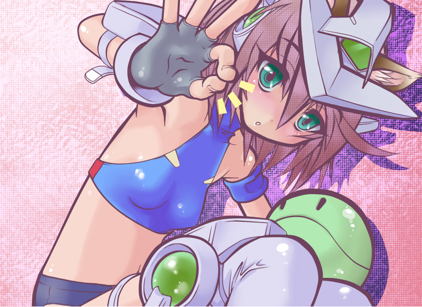 juubaori mashumaro, exia, gundam exia, haro, gundam, gundam 00, 00s, 1girl, :o, blush, brown hair, female focus, flat chest, green eyes, mecha, midriff, robot, solo