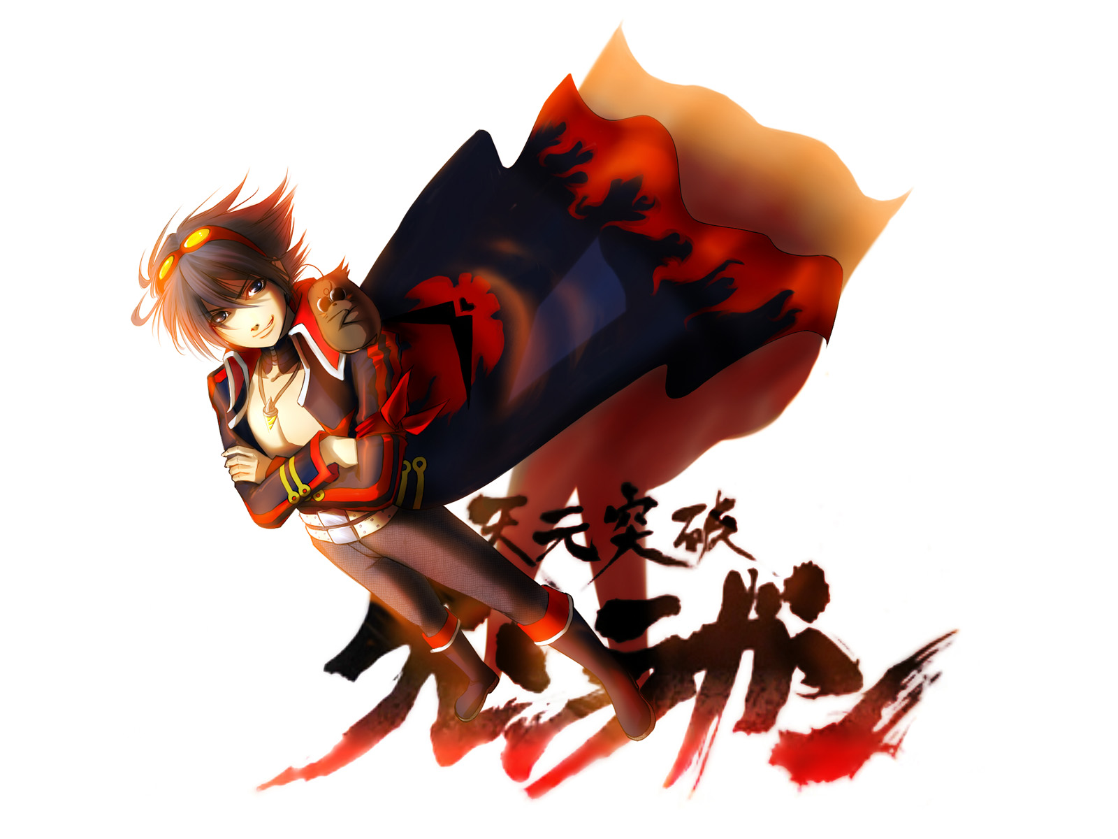 yasushi shin izumi, boota (ttgl), simon (ttgl), tengen toppa gurren lagann, light, highres, 00s, 1boy, aged up, blue hair, crossed arms, drill, goggles, goggles on head, male focus, shadow, smirk, solo, white background
