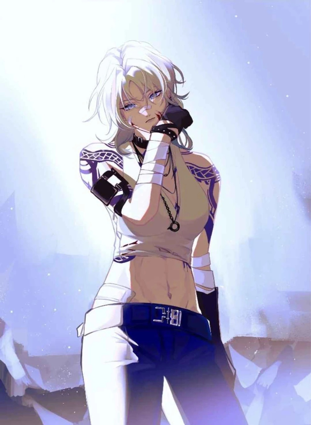 zoya (path to nowhere), path to nowhere, artist request, highres, source request, tagme, belt, jewelry, looking at viewer, midriff, navel, necklace, pants, tattoo