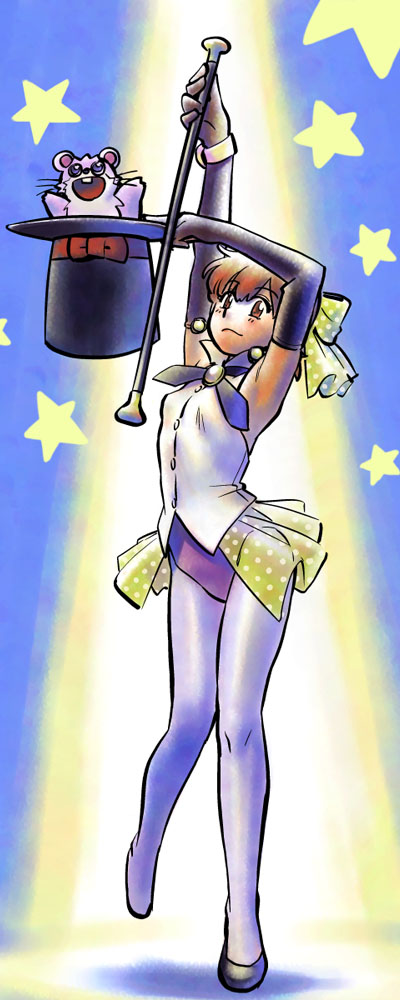 ramb chop, kazuki mai, topo (magical emi), mahou no star magical emi, 1980s (style), 1girl, armpits, blush, bow, brown hair, cat, elbow gloves, female focus, flat chest, gloves, hair bow, hat, magic trick, magical girl, magician, oldschool, pantyhose, retro artstyle, ribbon, shoes, short hair, single shoe, smile, solo, spotlight, star (symbol), top hat