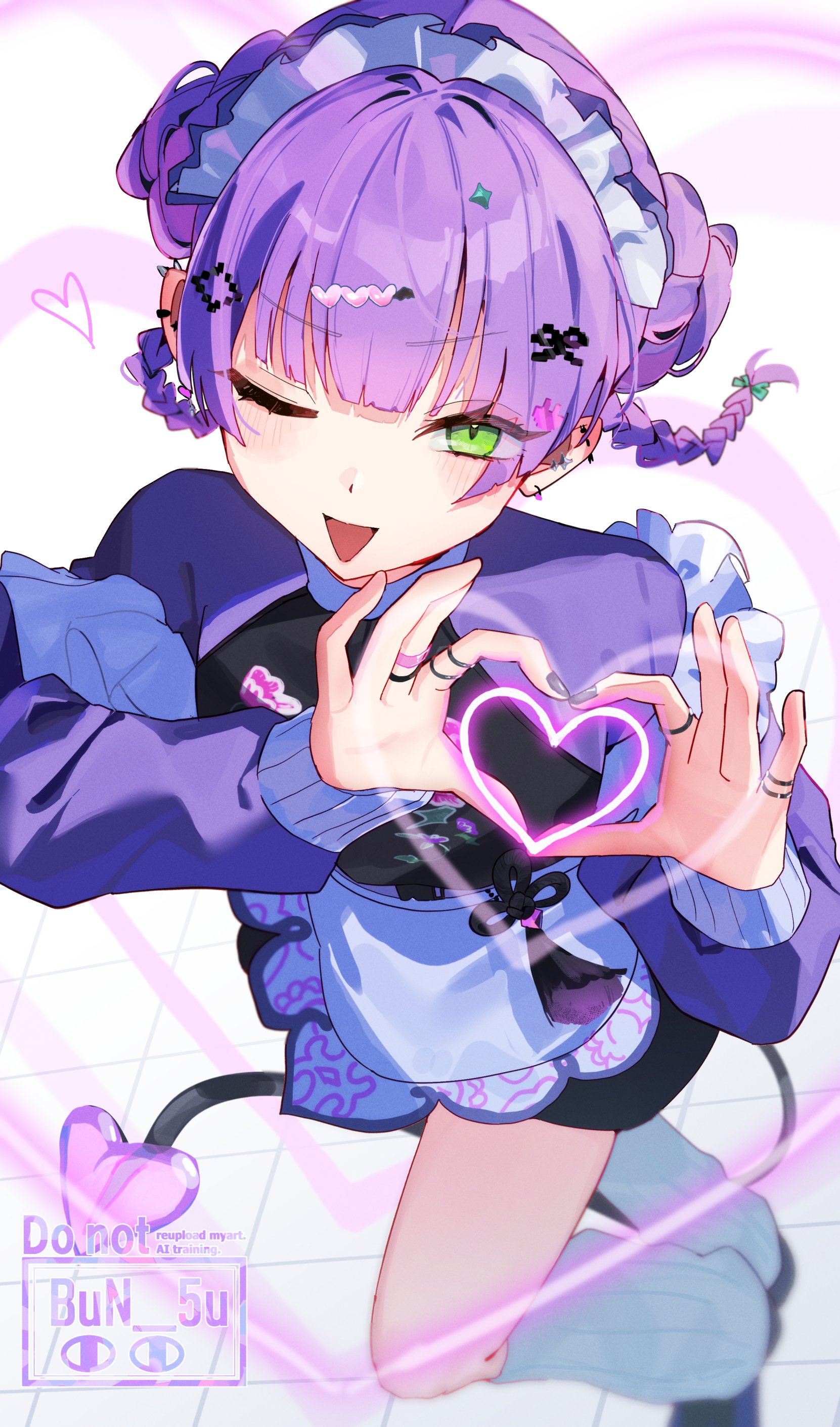 bun (bun 5u), tokoyami towa, hololive, absurdres, commentary, highres, 1girl, alternate costume, apron, barbell piercing, black shirt, bow, braid, demon girl, demon tail, dot nose, ear piercing, enmaided, full body, grey nails, hair ornament, heart, heart background, heart hands, industrial piercing, jewelry, leg warmers, long hair, long sleeves, maid, maid headdress, nail polish, one eye closed, open mouth, piercing, purple hair, purple shirt, ring, shirt, sidelocks, simple background, solo, tail, triangle mouth, twin braids, virtual youtuber, white apron