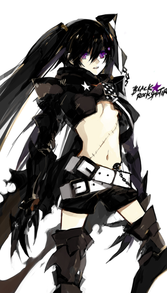 starshadowmagician, insane black rock shooter, black rock shooter, 10s, 1girl, armor, belt, black hair, female focus, flat chest, gauntlets, greaves, long hair, midriff, navel, pale skin, purple eyes, scar, shorts, solo, stitches, twintails