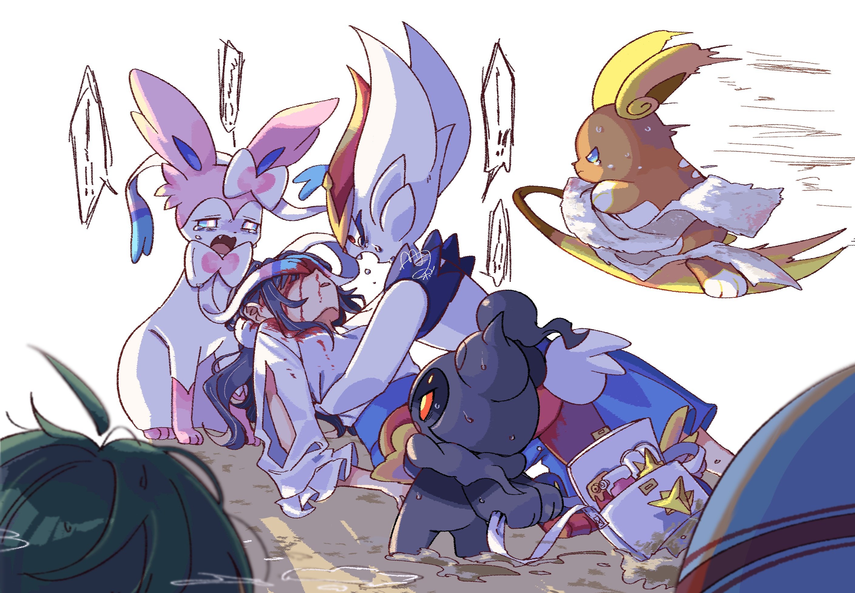 alolan raichu, marshadow, sylveon, nintendo, pokemon, highres, alolan form, animal ears, bandages, black hair, blood, blood on face, crying, crying with eyes open, fainted, flying, gen 6 pokemon, gen 7 pokemon, legendary pokemon, mythical pokemon, on ground, panicking, pariparihosiimo, pokemon (creature), revive (pokemon), sad, tail, tears, unconscious, white bag