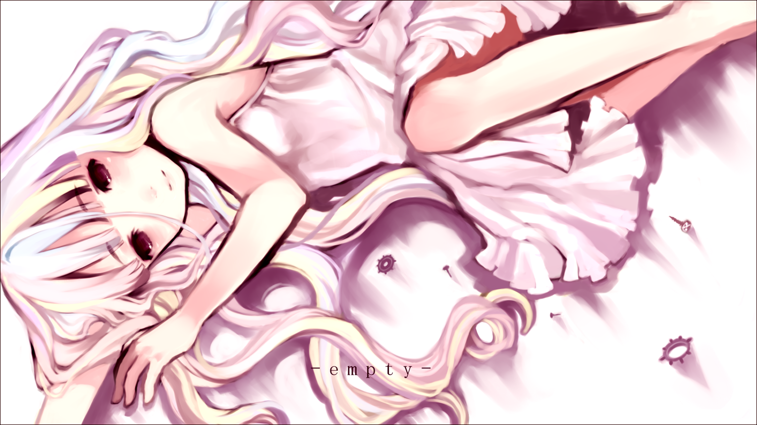 tan (tangent), ted (artist), original, bad id, bad pixiv id, 1girl, child, dress, female focus, long hair, lying, red eyes, solo, very long hair