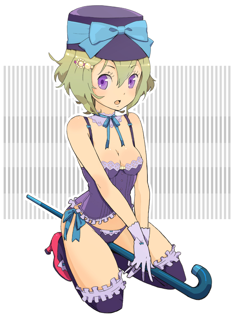 ukke, 1girl, blonde hair, bow, breasts, cane, cleavage, corset, female focus, gloves, hat, kneeling, medium breasts, panties, purple eyes, short hair, side-tie panties, solo, thighhighs, underwear