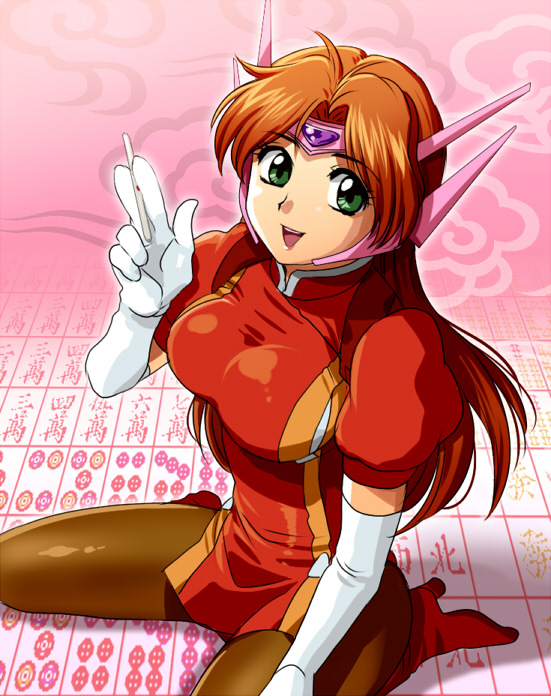 mizuhara aki, misaki kyouko (suchie-pai), suchie-pai, suchie pie, idol janshi suchie-pai, bad id, bad pixiv id, 1girl, breasts, brown hair, elbow gloves, female focus, gloves, green eyes, kneeling, large breasts, long hair, mask, pantyhose, pink background, solo