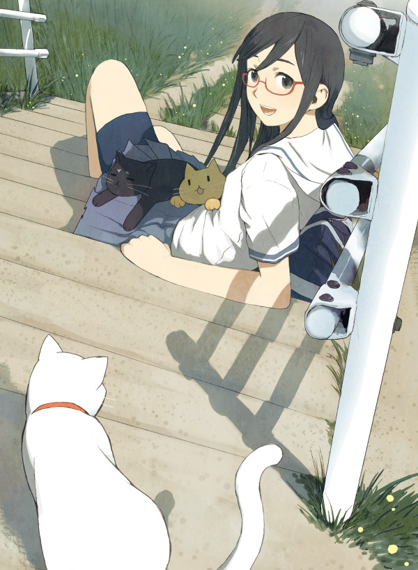 morifumi, original, 1girl, bag, bike shorts, black hair, cat, female focus, glasses, grass, green eyes, happy, school uniform, sitting, sitting on stairs, skirt, solo, stairs, too many, too many cats