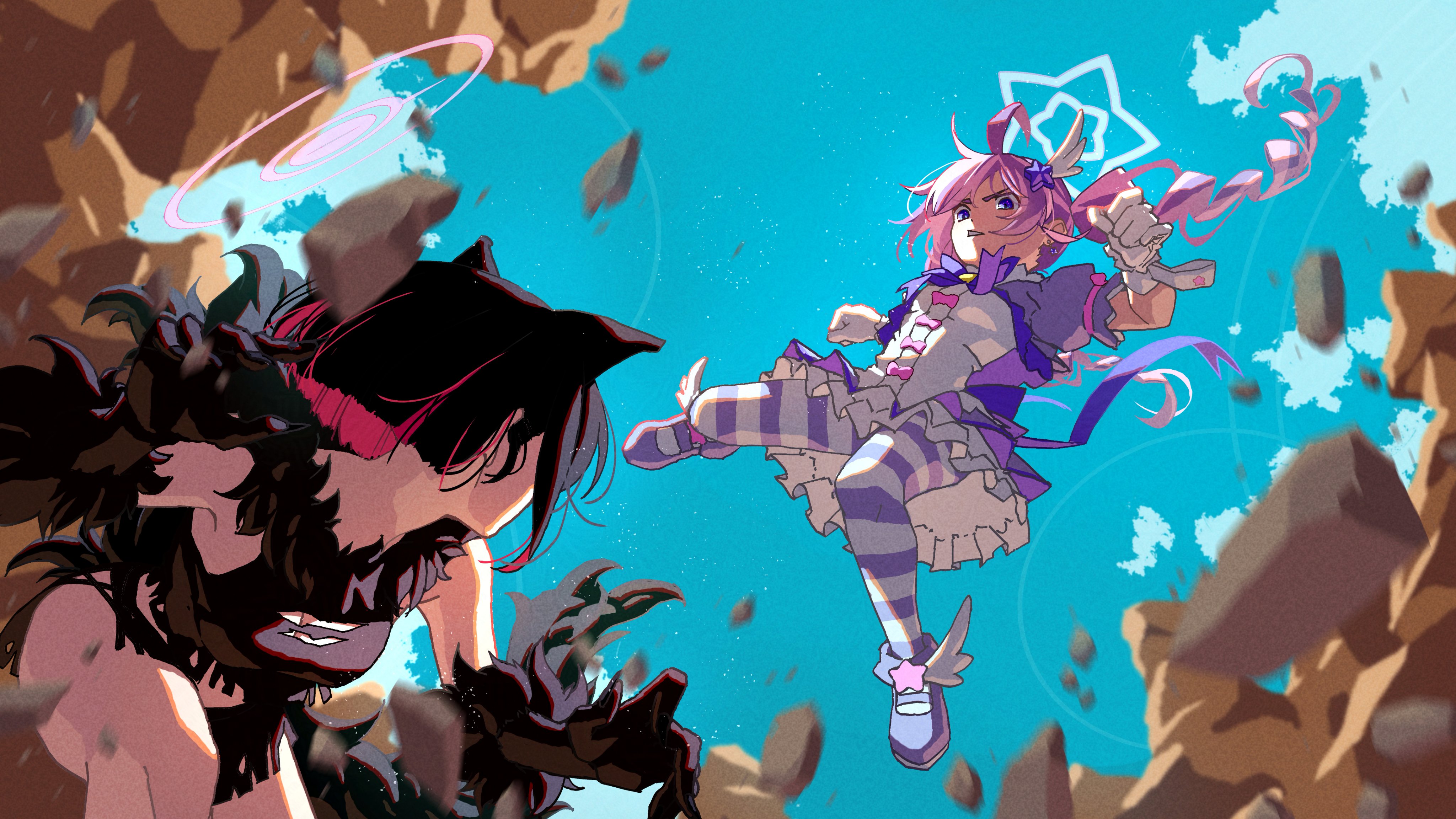 matsumoto yutaka, kazusa (blue archive), kazusa (halloween) (blue archive), reisa (blue archive), reisa (magical) (blue archive), blue archive, absurdres, highres, 2girls, animal ears, black gloves, blue sky, cat ears, cat girl, cloud, fighting, gloves, halo, incoming attack, incoming punch, magical girl, multiple girls, official alternate costume, punching, sky, white gloves