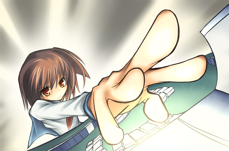 itsutsuki, miyanaga saki, saki (manga), bad id, bad pixiv id, 00s, 1girl, board game, brown hair, female focus, foreshortening, mahjong, outstretched arm, outstretched hand, playing games, reaching, red eyes, school uniform, serafuku, short hair, solo