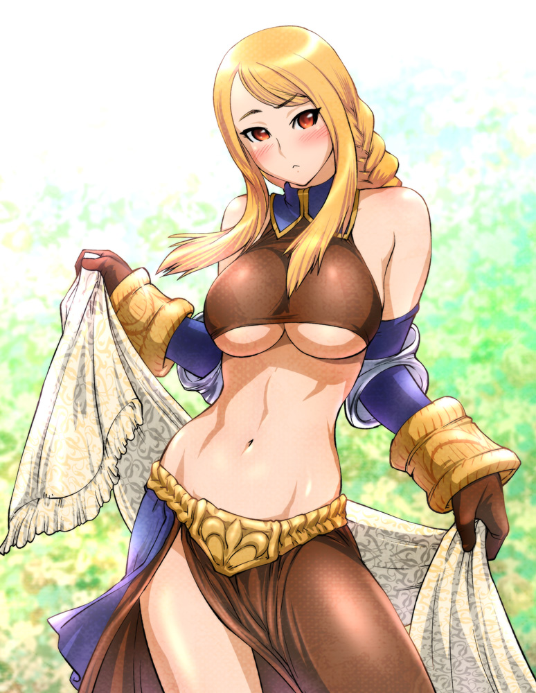 ueyama michirou, agrias oaks, dancer (fft), final fantasy, final fantasy tactics, 1girl, :<, bare shoulders, blonde hair, blush, braid, breasts, brown eyes, class change, contrapposto, curvy, dancer, elbow gloves, female focus, gloves, large breasts, long hair, looking at viewer, midriff, navel, orange eyes, shawl, solo, standing, underboob