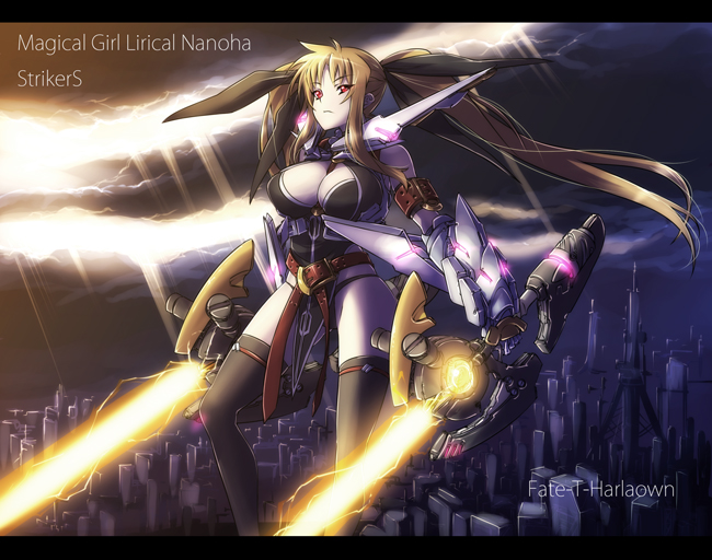 nekomamire, bardiche (nanoha), bardiche (riot zanber stinger) (nanoha), fate testarossa, fate testarossa (true sonic form), lyrical nanoha, mahou shoujo lyrical nanoha, mahou shoujo lyrical nanoha strikers, 00s, 1girl, adapted costume, alternate weapon, blonde hair, breasts, cleavage, dual wielding, energy sword, female focus, holding, large breasts, long hair, solo, sword, thighhighs, twintails, weapon