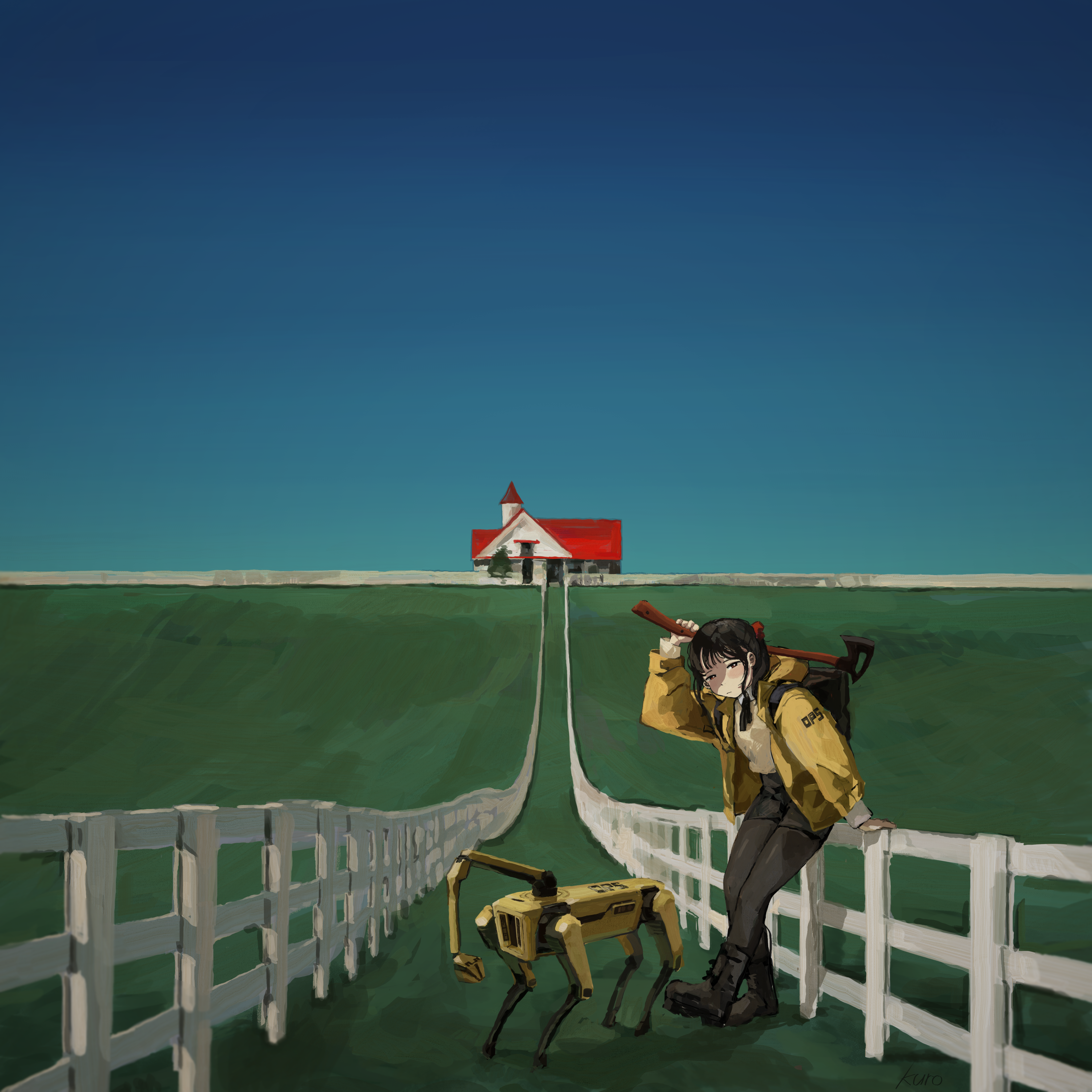 kuro4221, original, absurdres, commentary request, highres, 1girl, autorefractor test, axe, backpack, bag, black hair, black pantyhose, black shorts, blue sky, boots, building, closed mouth, fence, holding, holding axe, holding weapon, hood, hooded jacket, jacket, long sleeves, looking at viewer, open clothes, open jacket, outdoors, pantyhose, robot, shorts, sky, solo, standing, surreal, vanishing point, weapon, yellow jacket