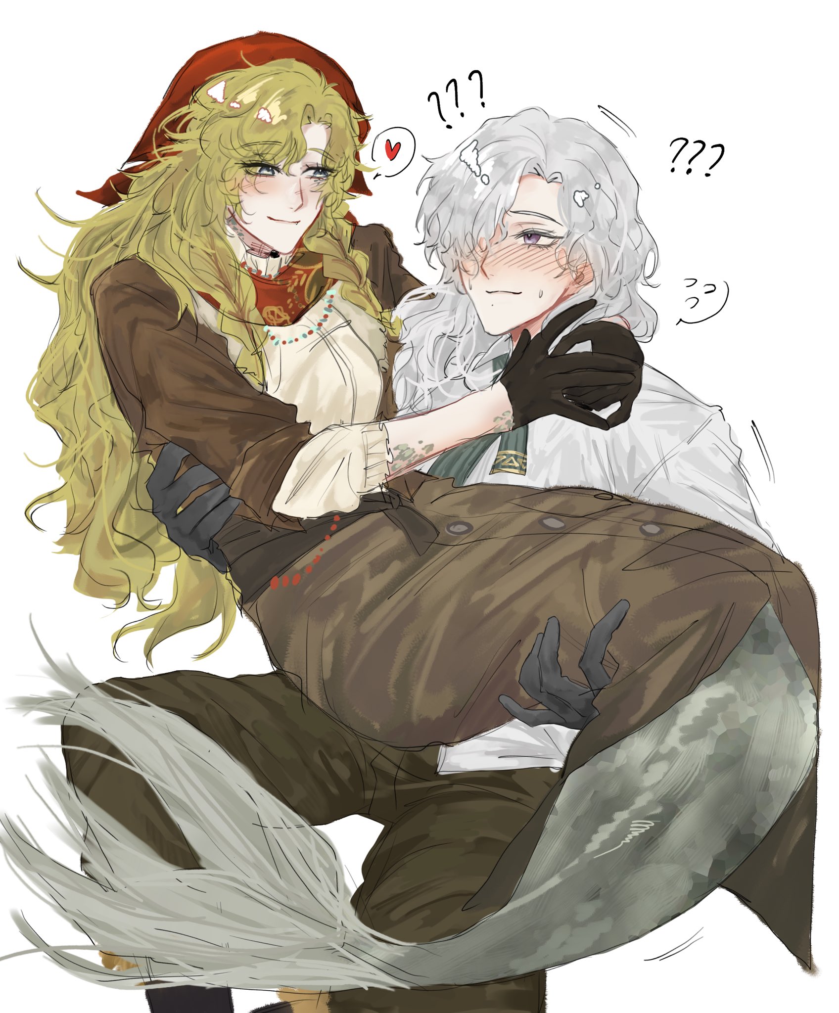 vila (reverse:1999), windsong (reverse:1999), reverse:1999, highres, 2girls, blonde hair, blush, confused, fins, fish tail, grey hair, heart, long skirt, mdnight ky56, mermaid, monster girl, multiple girls, pants, red scarf, scales, scarf, shirt, skirt, spoken heart, tail, white shirt, yuri
