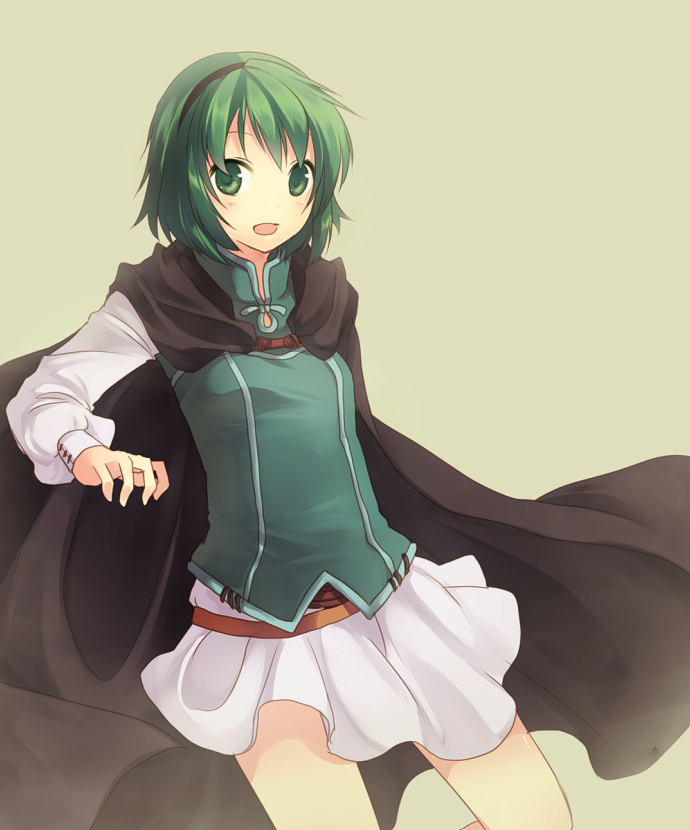 hijiri (resetter), hiz (pixiv), nino (fire emblem), fire emblem, fire emblem: the blazing blade, nintendo, bad id, bad pixiv id, 1girl, cape, female focus, flat chest, green eyes, green hair, hairband, matching hair/eyes, open mouth, short hair, skirt, solo