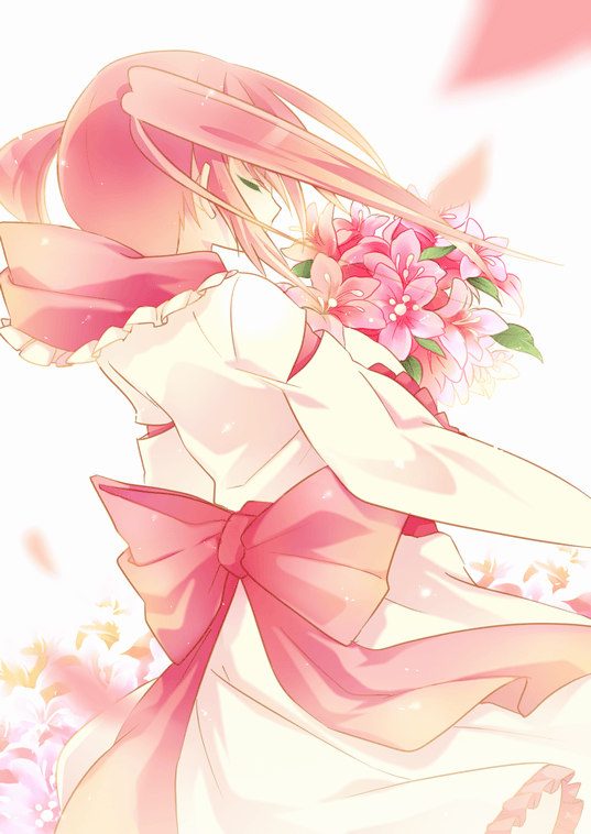 yamiya (8 18dlq), original, bad id, bad pixiv id, back, closed eyes, dress, flower, from behind, long hair, pink hair, solo