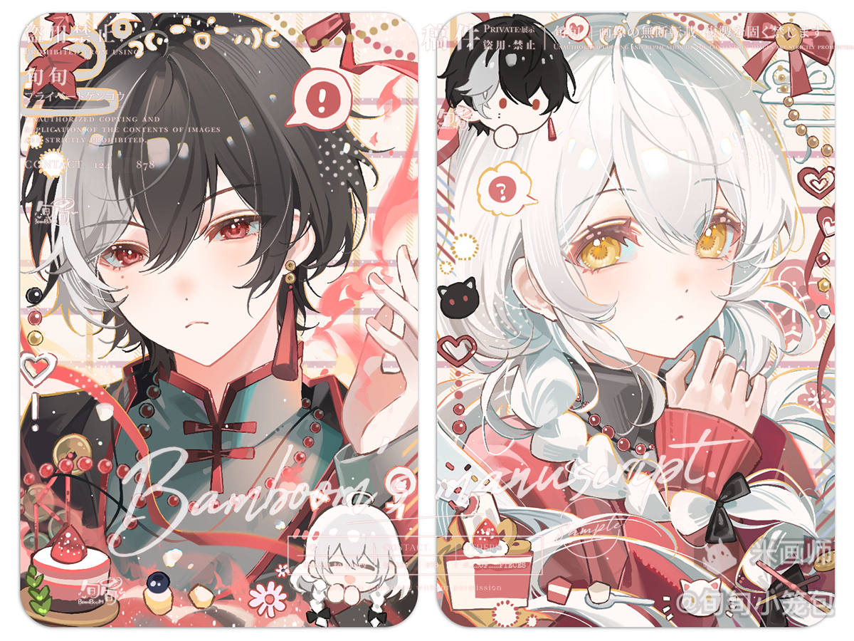 original, !, 1boy, 1girl, ?, black bow, black hair, border, bow, braid, closed mouth, double-parted bangs, grey hair, grey shirt, hair between eyes, hair bow, hand up, long hair, mihuashi username, multicolored hair, portrait, red eyes, red sweater, shirt, short hair, spoken exclamation mark, spoken question mark, sweater, twin braids, two-tone hair, watermark, white border, white hair, xun xun xiaolongbao, yellow eyes