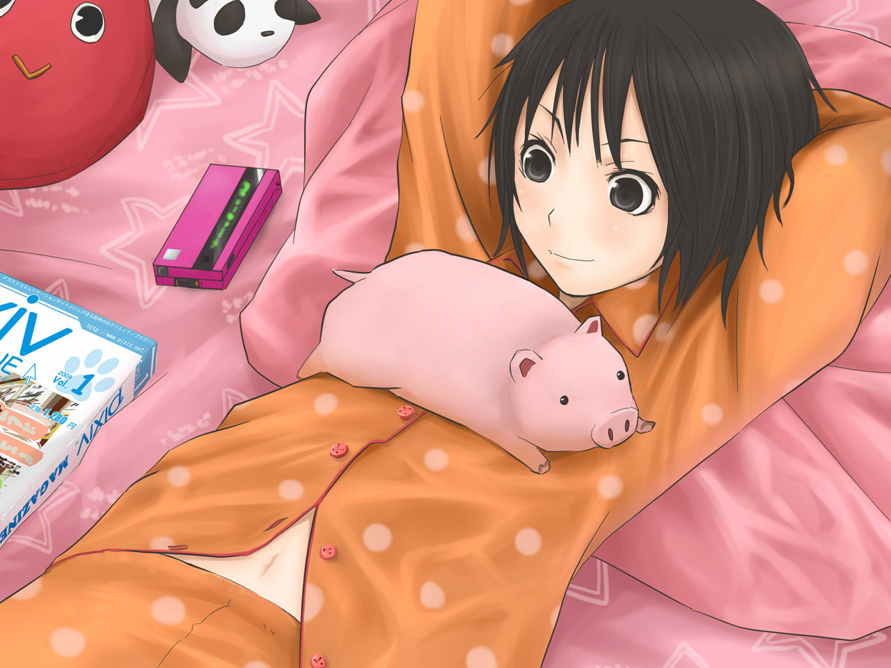 okiru, original, pixiv, bad id, bad pixiv id, 1girl, arms behind head, bed, black eyes, black hair, female focus, lying, navel, pajamas, pig, shake n bake, short hair, smile, solo