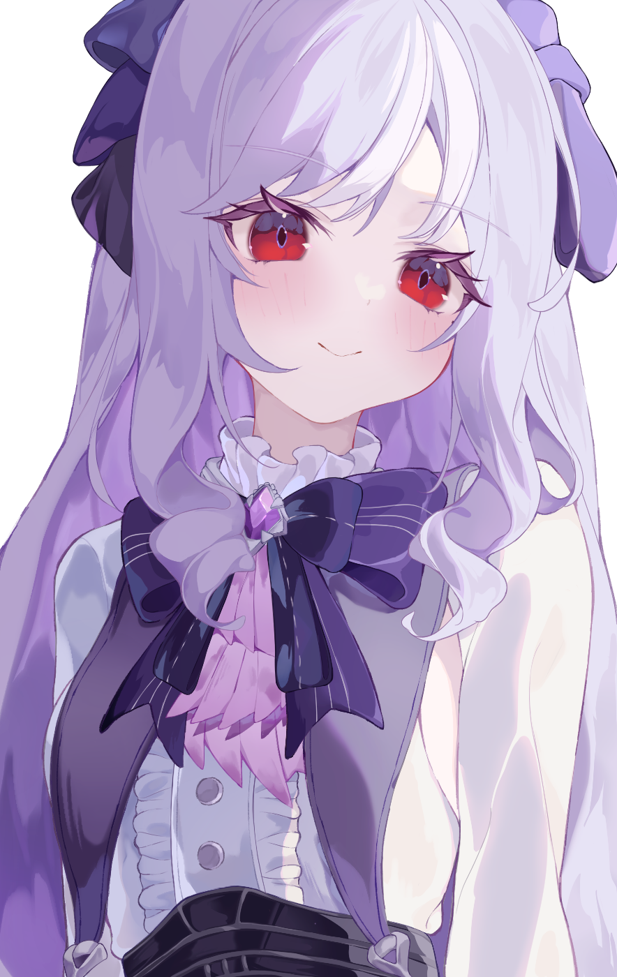 urachi, vivian banshee, zenless zone zero, highres, 1girl, ahoge, blush, bow, breasts, drill hair, frills, large breasts, long hair, long sleeves, looking at viewer, mole, mole under eye, multicolored hair, pointy ears, purple bow, purple hair, red eyes, shirt, solo, streaked hair
