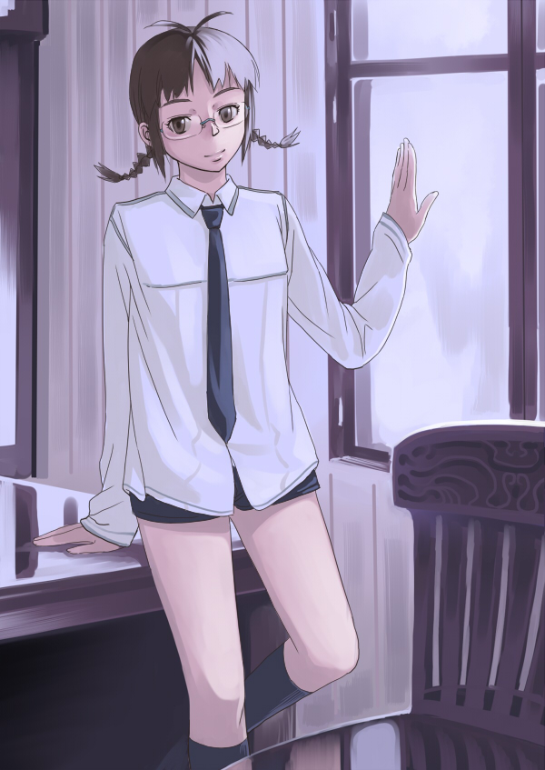 inu (aerodog), akizuki ritsuko, idolmaster, idolmaster (classic), 00s, 1girl, braid, brown eyes, brown hair, female focus, glasses, indoors, legs, necktie, short hair, shorts, smile, solo, twin braids
