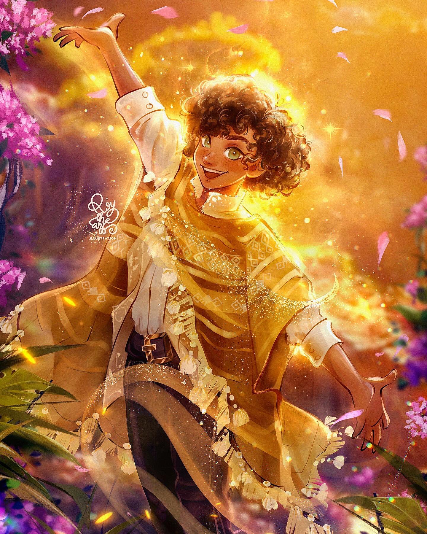 roytheart, camilo madrigal, encanto, highres, 1boy, afro, brown eyes, brown hair, colombian clothes, curly hair, dark-skinned female, dark-skinned male, dark skin, male focus, poncho, shirt, short hair, simple background, smile, white shirt, yellow poncho
