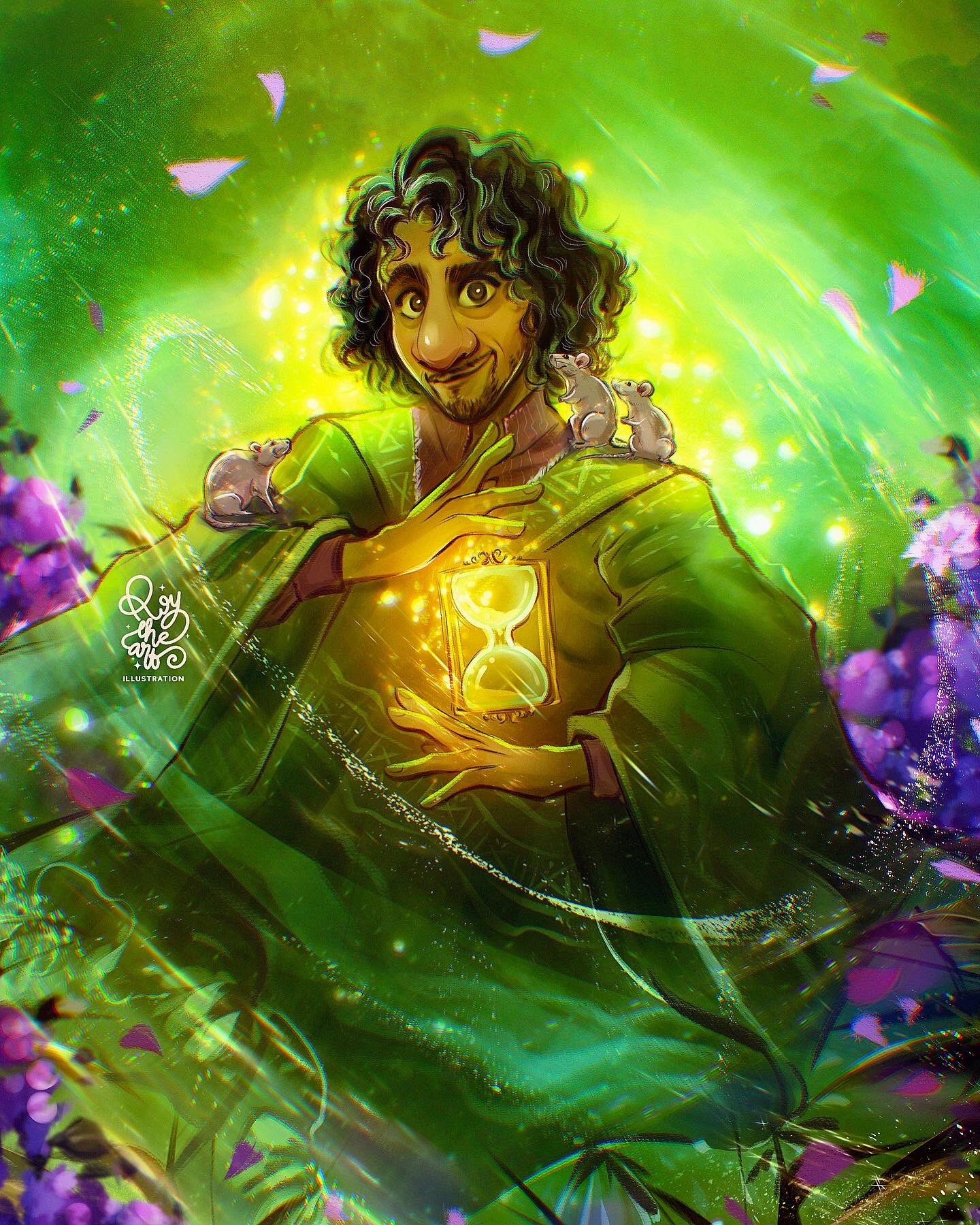 roytheart, bruno madrigal, encanto, highres, tagme, 1boy, black hair, brown hair, closed mouth, colombian clothes, curly hair, dark-skinned female, dark-skinned male, dark skin, facial hair, poncho, short hair, simple background