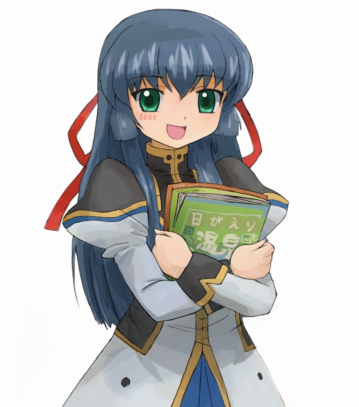 nyama, karasuma chitose, galaxy angel, bad id, bad pixiv id, 00s, 1girl, blue hair, blush, book, female focus, green eyes, happy, long hair, looking at viewer, simple background, smile, solo, white background