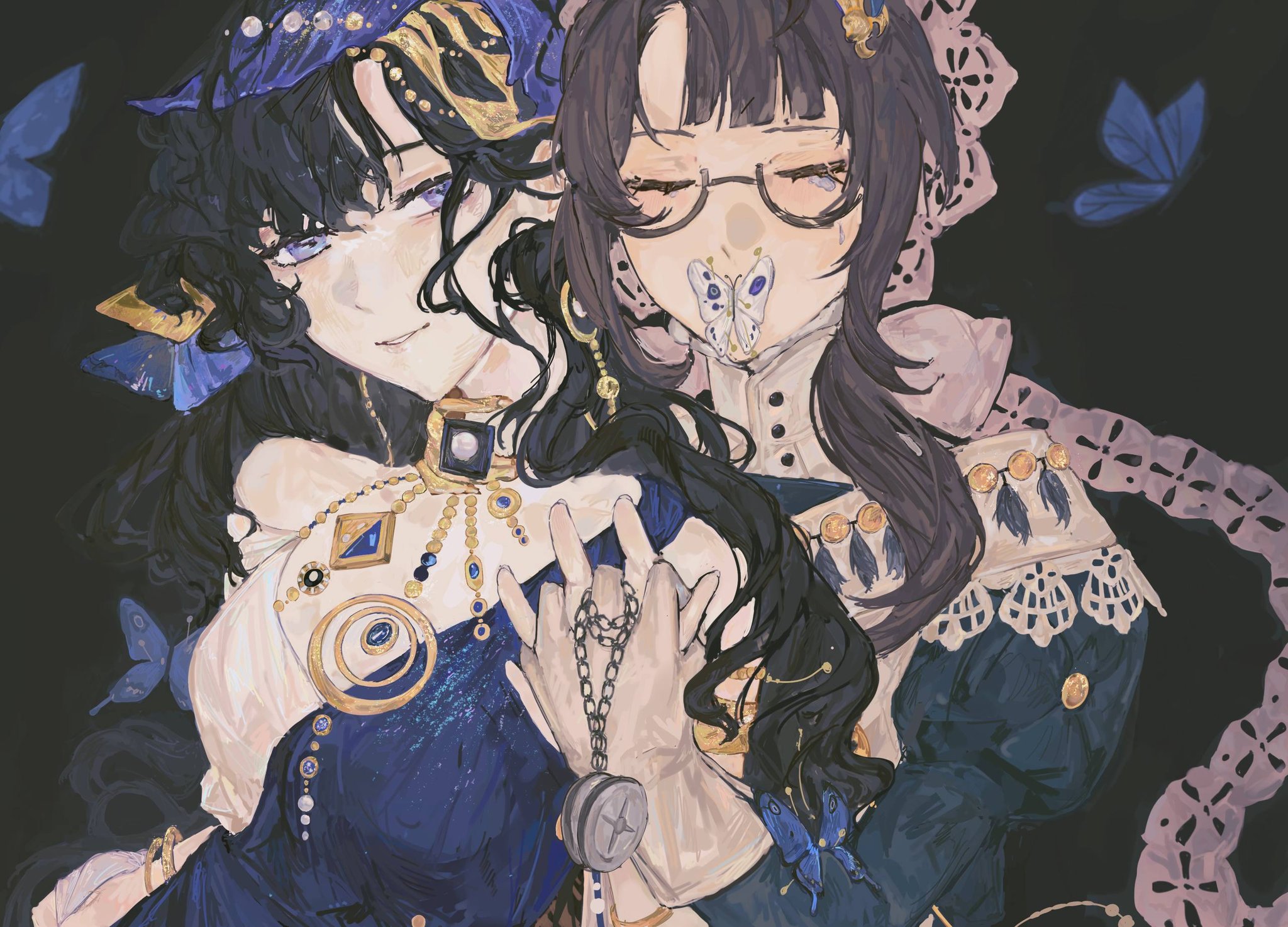 isolde (reverse:1999), kakania (reverse:1999), reverse:1999, highres, black hair, brown hair, bug, butterfly, closed eyes, dress, frills, glasses, gloves, green dress, holding hands, insect, jewelry, necklace, nnuya, purple eyes, white gloves, yuri