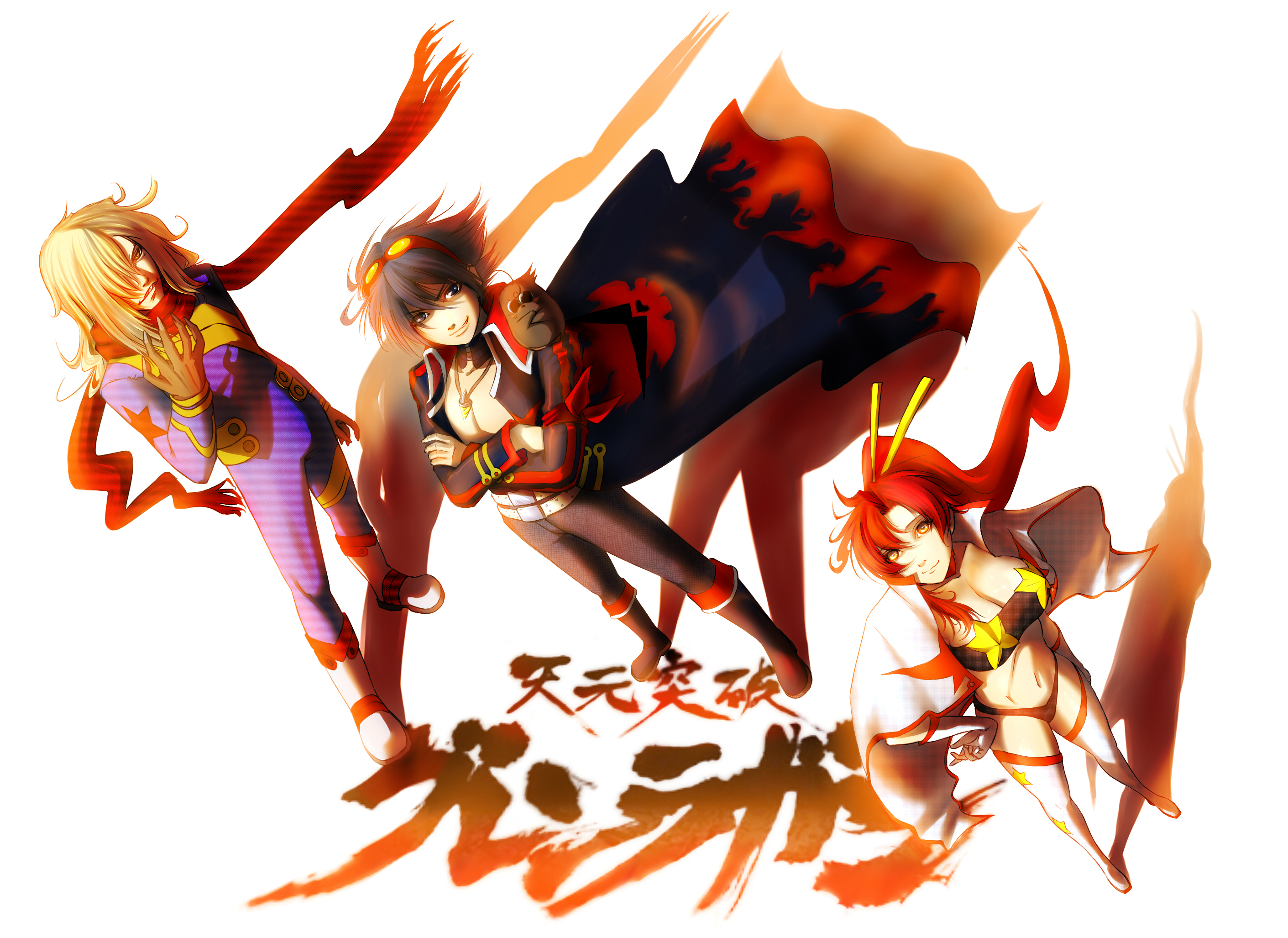 yasushi shin izumi, boota (ttgl), simon (ttgl), space yoko, viral (ttgl), yoko littner, tengen toppa gurren lagann, light, highres, 00s, 1girl, 2boys, bandeau, blonde hair, blue hair, bodysuit, boots, breasts, cape, cleavage, crossed arms, drill, goggles, goggles on head, hair over one eye, large breasts, long hair, multiple boys, ponytail, red hair, scar, scarf, shadow, smirk, strapless, thigh boots, thighhighs, tube top