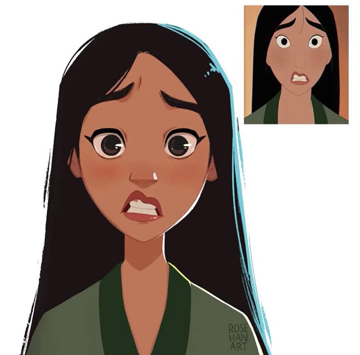 fa mulan (disney), mulan (movie), artist request, commentary request, non-web source, source request, 1girl, animification, asian, black hair, brown eyes, chinese clothes, long hair, looking at viewer, makeup, screenshot inset, shirt, short hair, simple background, solo