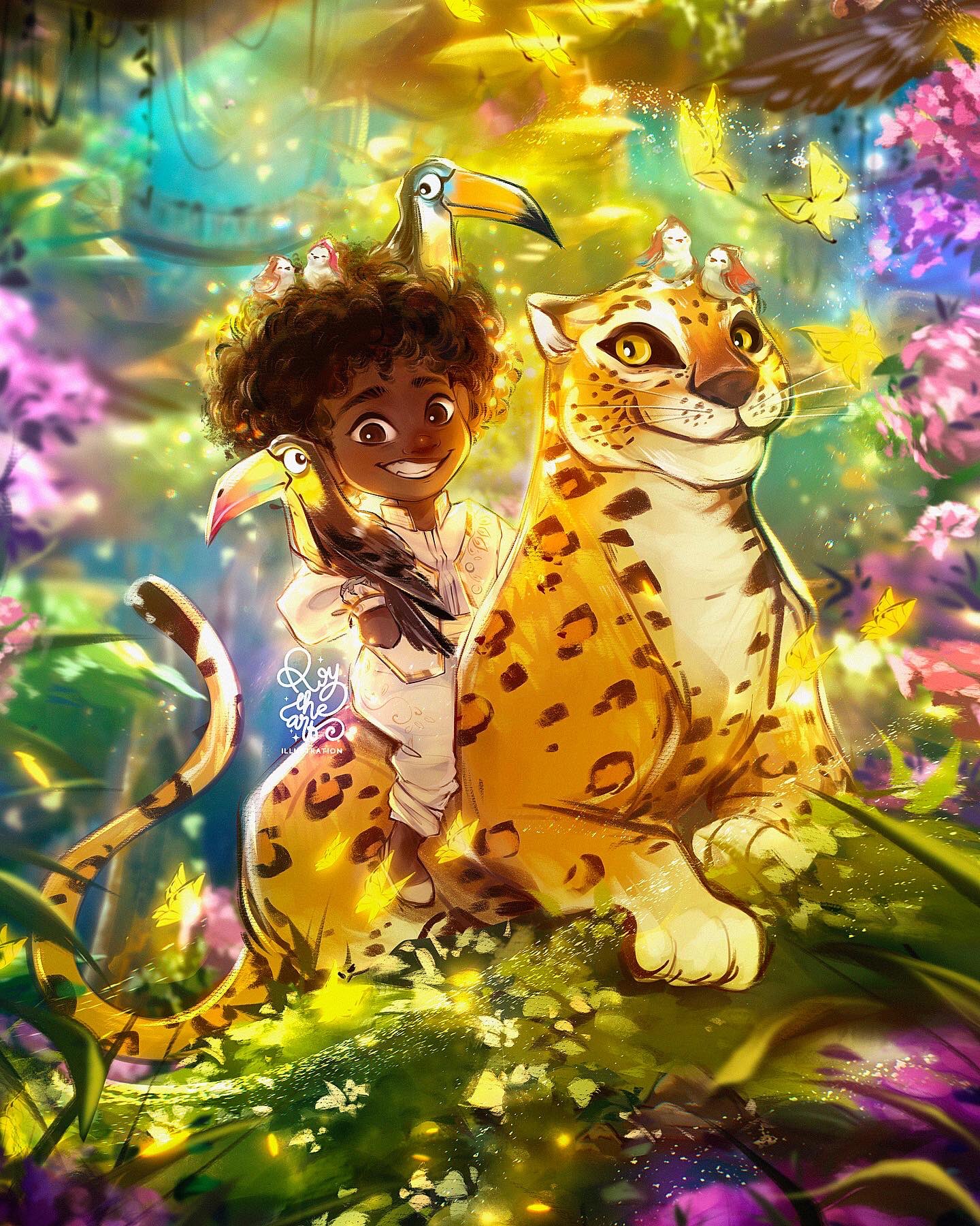roytheart, antonio madrigal, encanto, highres, 1girl, bird, brown eyes, brown hair, colombian clothes, curly hair, dark-skinned male, dark skin, jaguar, poncho, shirt, short hair, smile, solo, tiger, toucan, very dark skin, yellow poncho
