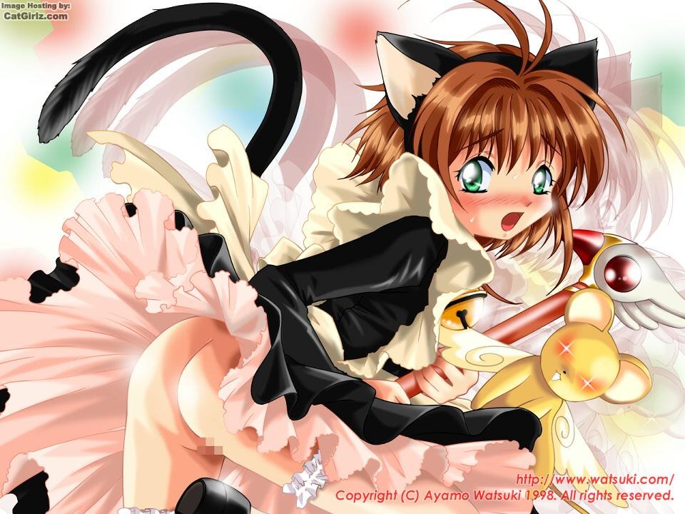 watsuki ayamo, kero (cardcaptor sakura), kinomoto sakura, cardcaptor sakura, 1990s (style), 1998, 1girl, animal ears, artist name, bell, blush, brown hair, cat ears, cat tail, censored, dress, female focus, fuuin no tsue, green eyes, jingle bell, looking at viewer, looking back, no panties, retro artstyle, short hair, solo, tail, thighhighs, watermark, web address