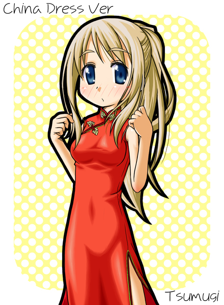 emitti, kotobuki tsumugi, k-on!, bad id, bad pixiv id, 00s, 1girl, blonde hair, blue eyes, blush, breasts, china dress, chinese clothes, dress, female focus, long hair, polka dot, ponytail, solo