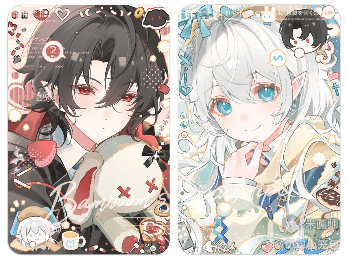 original, 1boy, 1girl, ?, black hair, black shirt, blue eyes, closed mouth, double-parted bangs, hair between eyes, hand up, long hair, long sleeves, looking at viewer, mihuashi username, portrait, red eyes, shirt, short hair, smile, spoken question mark, stuffed animal, stuffed rabbit, stuffed toy, watermark, white hair, white shirt, xun xun xiaolongbao