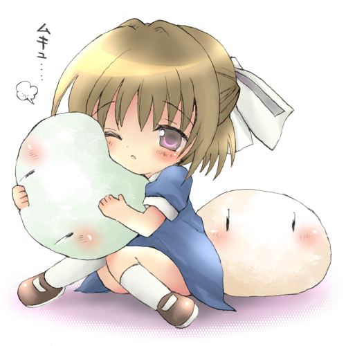 kuromoto, okazaki ushio, clannad, dango daikazoku, bad id, bad pixiv id, lowres, 00s, brown eyes, brown hair, child, hug, school uniform, short hair, wink