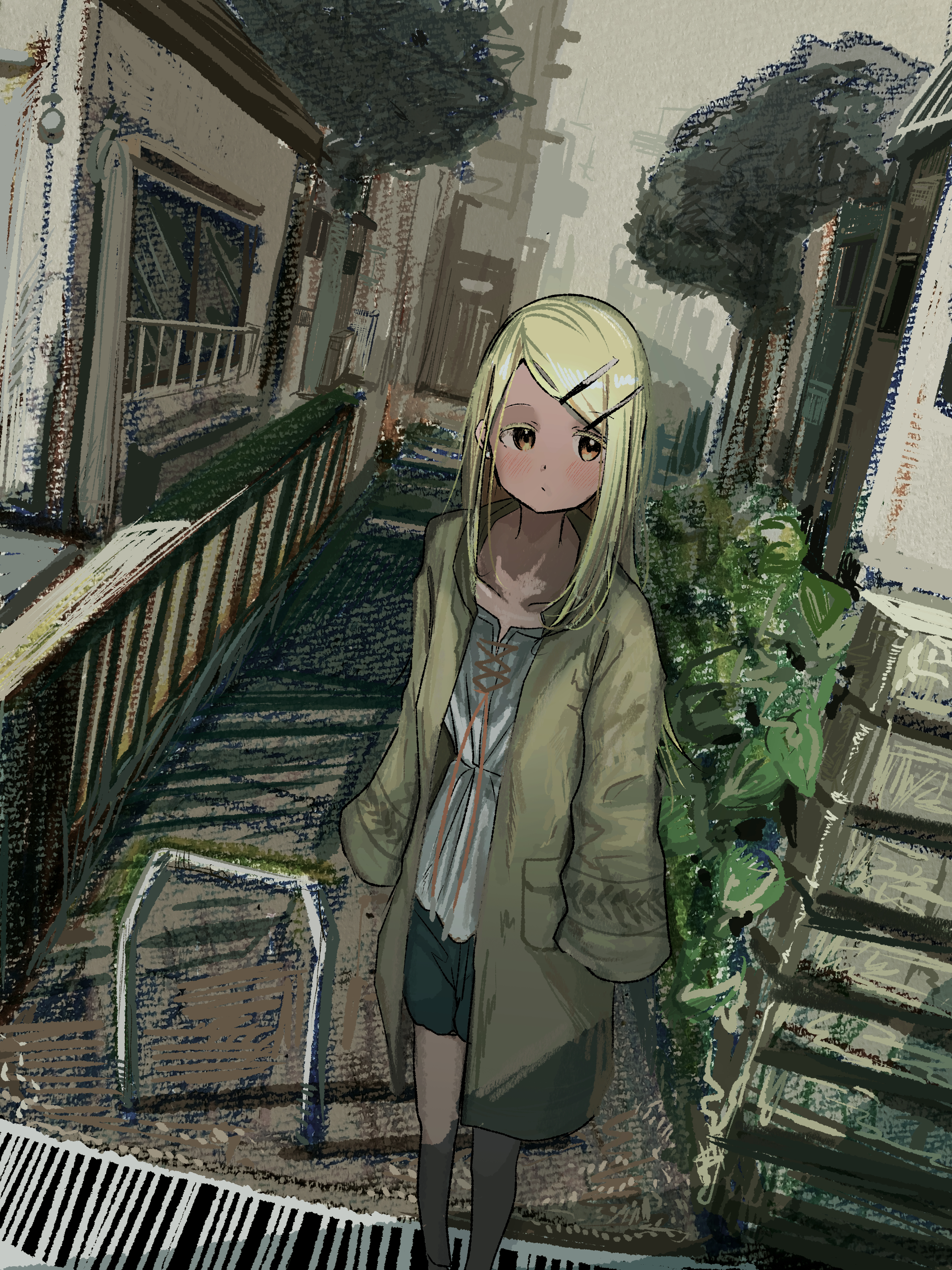 niwatoko towani, shinosawa hiro, gakuen idolmaster, idolmaster, absurdres, highres, 1girl, blonde hair, brown eyes, building, camisole, closed mouth, coat, denim, denim shorts, expressionless, fence, hair ornament, hairclip, long hair, looking at viewer, outdoors, parallel hairclips, parted bangs, shorts, sleeves past fingers, sleeves past wrists, solo, tree