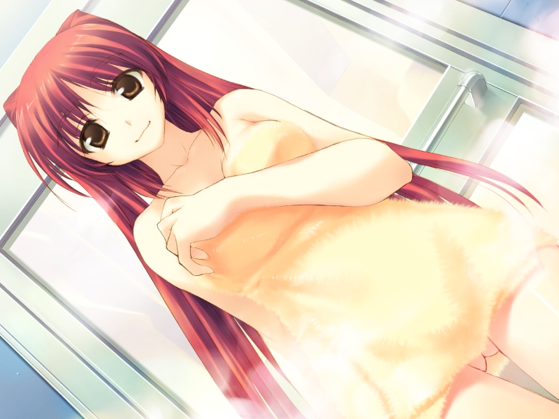 amazuyu tatsuki, kousaka tamaki, to heart (series), to heart 2, to heart 2 ad, game cg, 00s, 1girl, breasts, brown eyes, female focus, large breasts, long hair, naked towel, red hair, smile, solo, towel