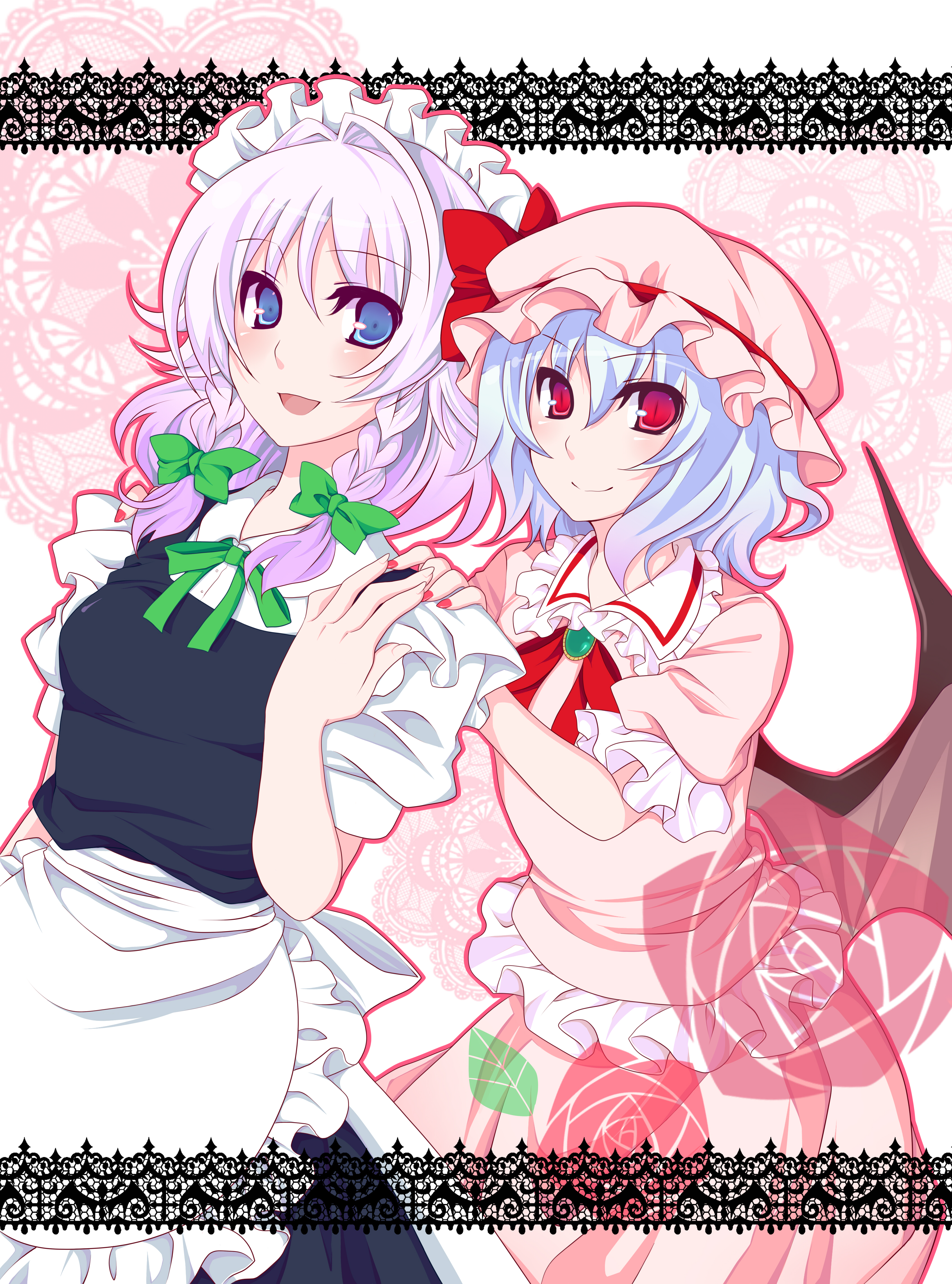 shino (mijinko), izayoi sakuya, remilia scarlet, touhou, absurdres, bad id, bad pixiv id, highres, 2girls, dress, female focus, hat, maid, multiple girls, skirt