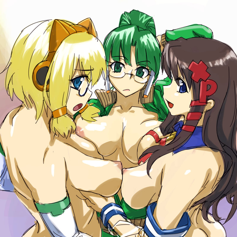 michael f91, homeko, xp-tan, xp home-tan, xphome, os-tan, 3girls, blonde hair, blue eyes, breast press, breasts, brown hair, detached sleeves, elbow gloves, glasses, gloves, green eyes, green hair, large breasts, long hair, looking back, multiple girls, nipples, nude, robot ears, short hair, symmetrical docking, yuri