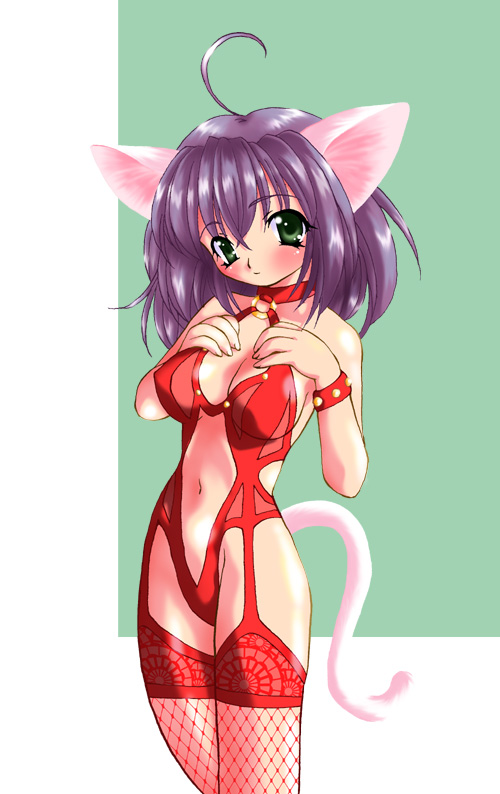 animal ears, blush, breasts, cat ears, cat tail, cleavage, fishnets, green eyes, long hair, looking at viewer, purple hair, tail