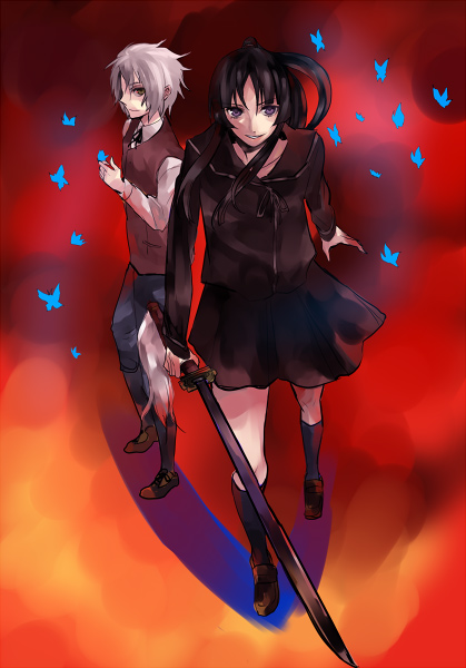 ga-rei, ga-rei zero, tagme, 00s, black hair, bug, butterfly, chokuto, sword, weapon, white hair