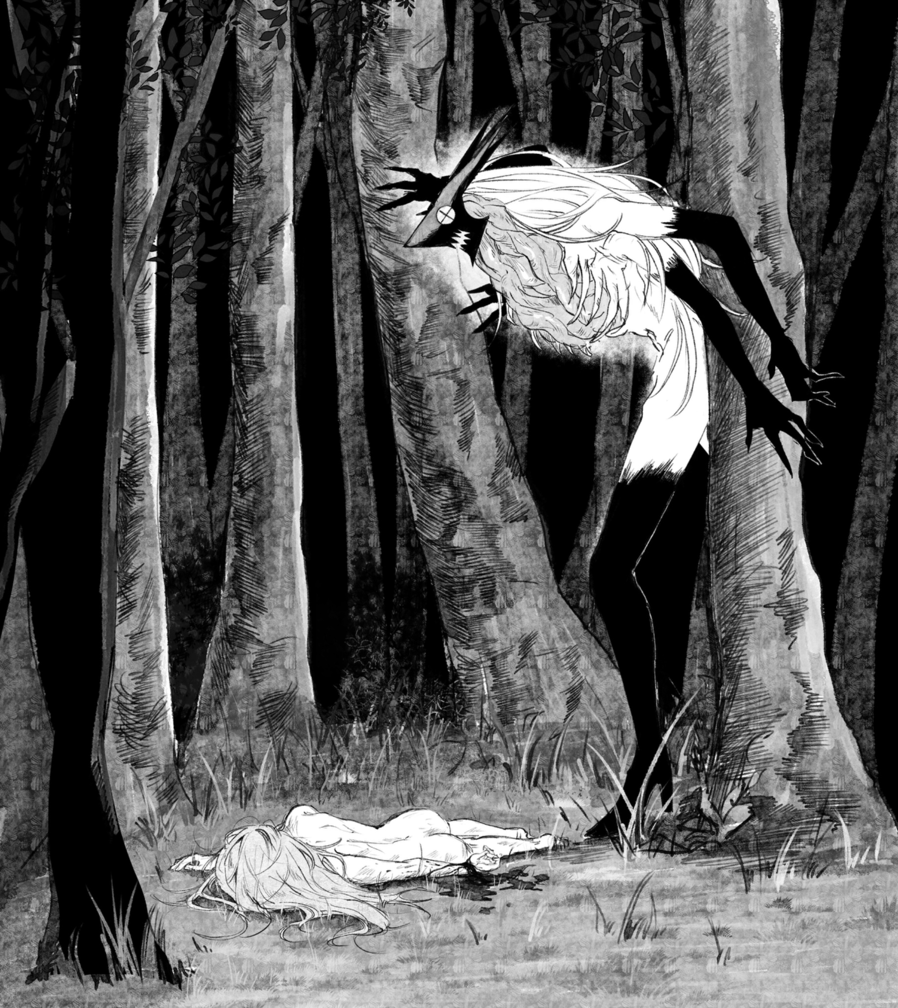 blood devil (chainsaw man), power (chainsaw man), chainsaw man, highres, blood, blood on arm, corpse, forest, grass, long hair, monochrome, mulsu ww, nature, nude, tall female